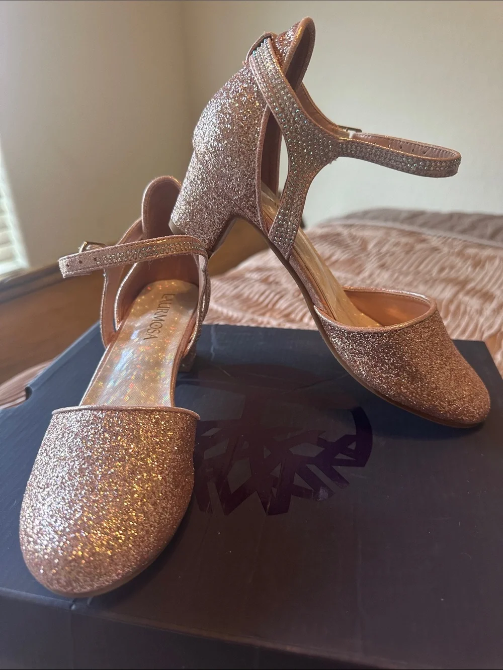 Girls Glitter Rose Gold Ankle Strap Heels